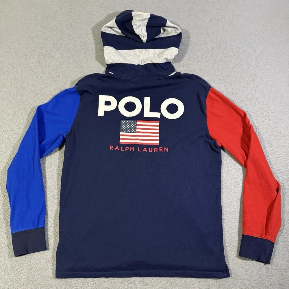 Polo Ralph Lauren Men's Small Lightweight Colorblock‎ USA Flag Pullover Hoodie